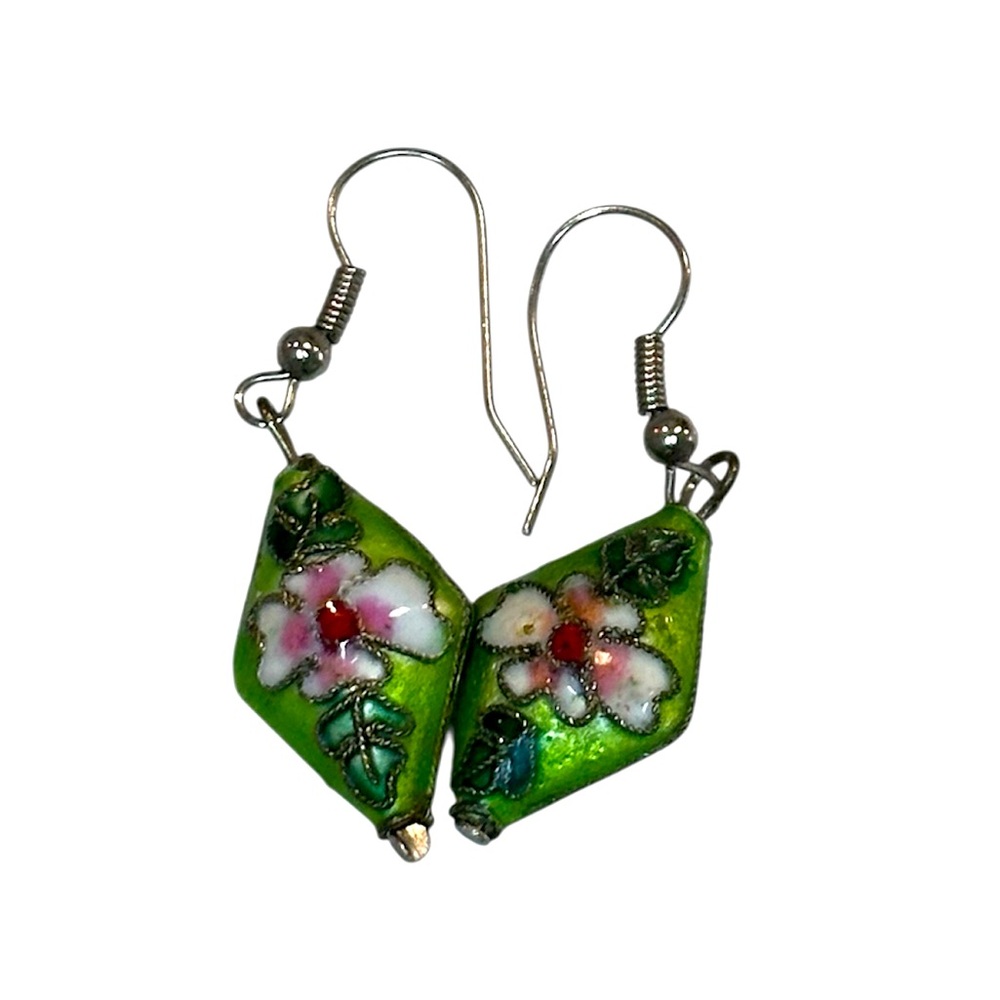 Cloisonné Pearl Green Pink Floral Dangly Statement Whimsical Earrings